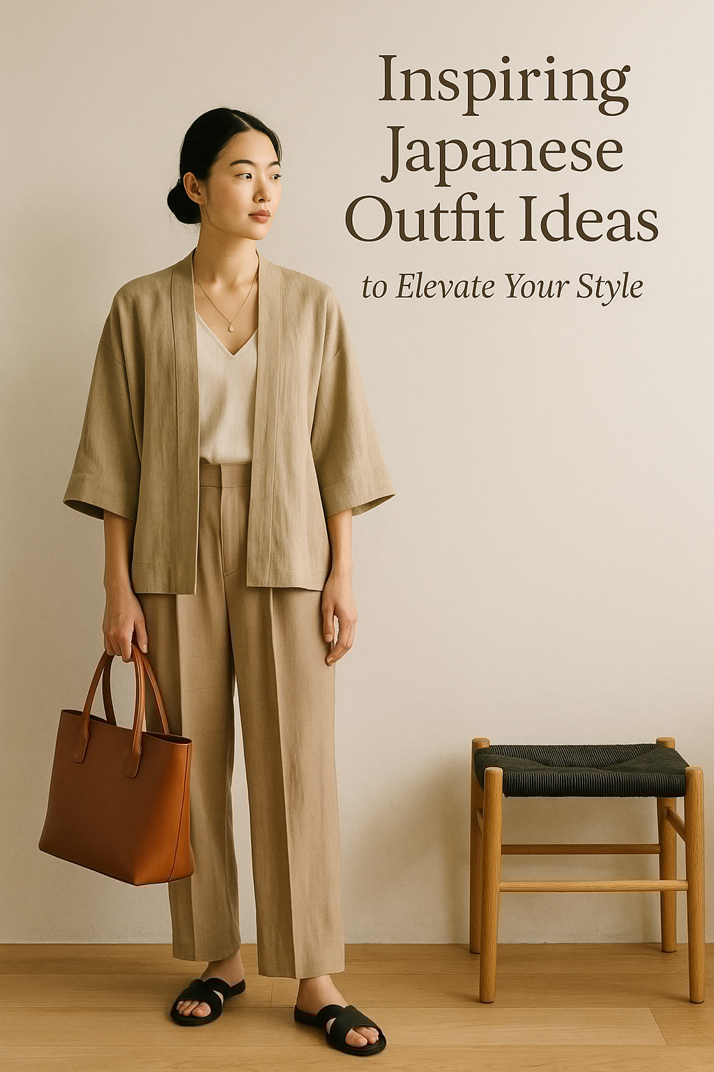 A woman in a beige outfit stands by a stool, holding a brown tote bag. Text reads: "Inspiring Japanese Outfit Ideas to Elevate Your Style.