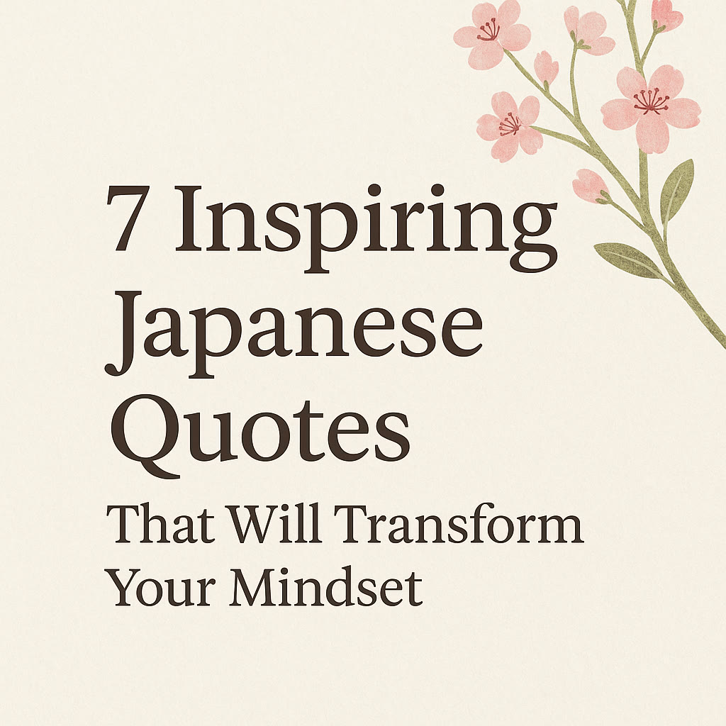 Text reading "7 Inspiring Japanese Quotes That Will Transform Your Mindset" with a simple pink flower illustration in the top right corner on a cream background.