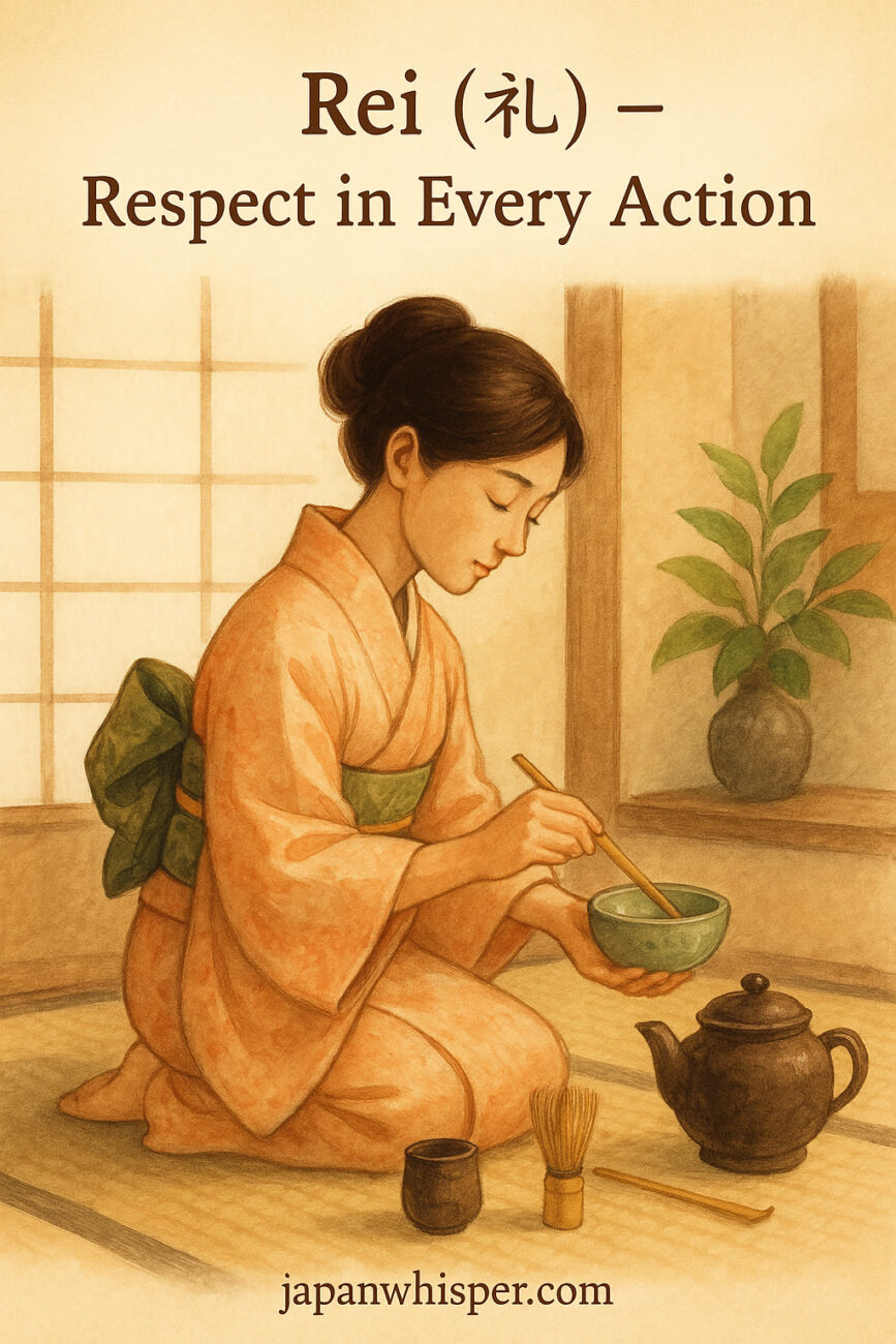 A woman in a kimono prepares tea in a traditional Japanese room. Text reads: "Rei (礼) – Respect in Every Action. japanwhisper.com".