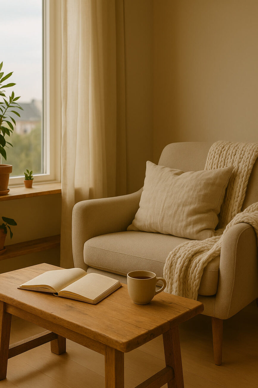 A cozy living room corner with a beige armchair, pillow, and blanket beside a wooden table holding an open notebook and a mug, near a window with sheer curtains and potted plants.