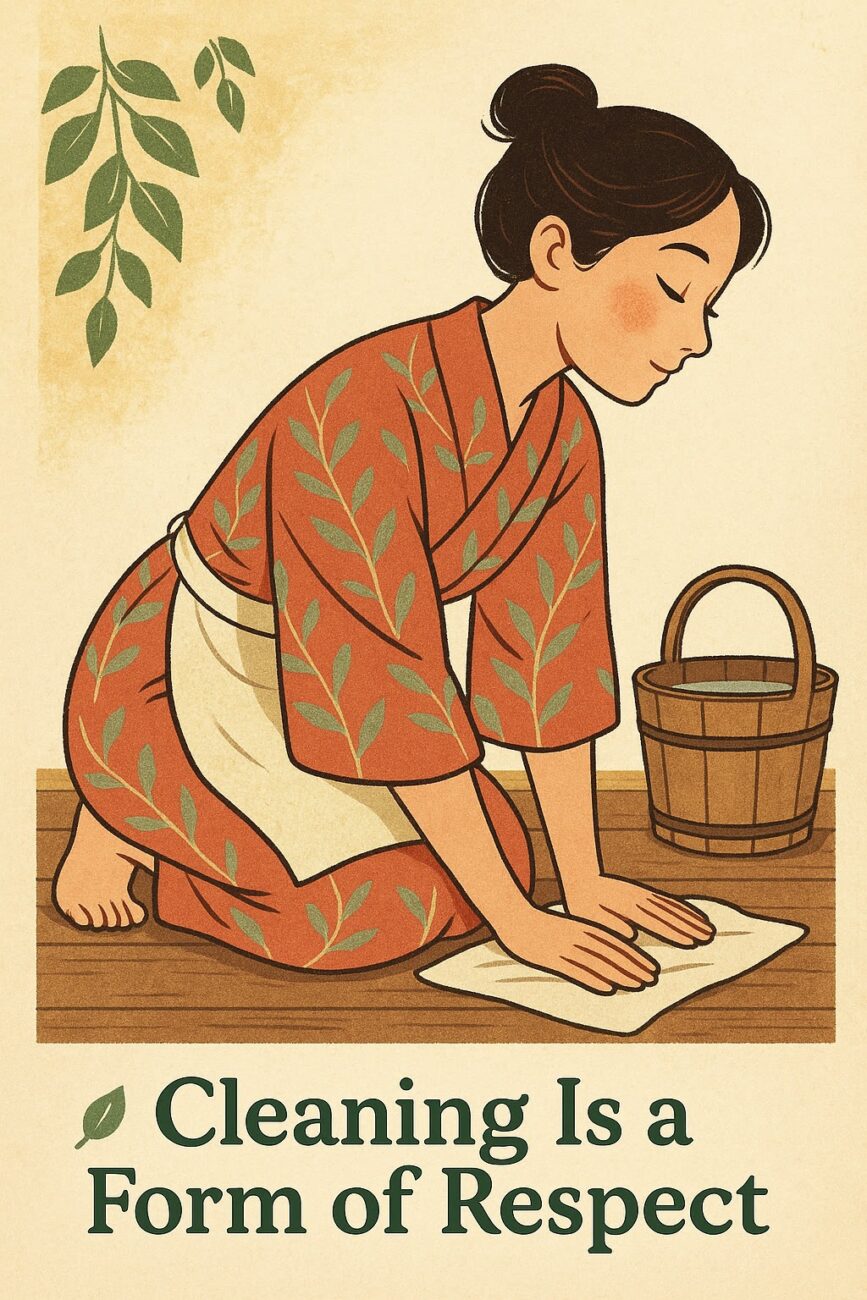 An illustration of a woman in a patterned kimono kneeling and cleaning a wooden floor with a cloth; a wooden bucket is beside her. Text reads: "Cleaning Is a Form of Respect.