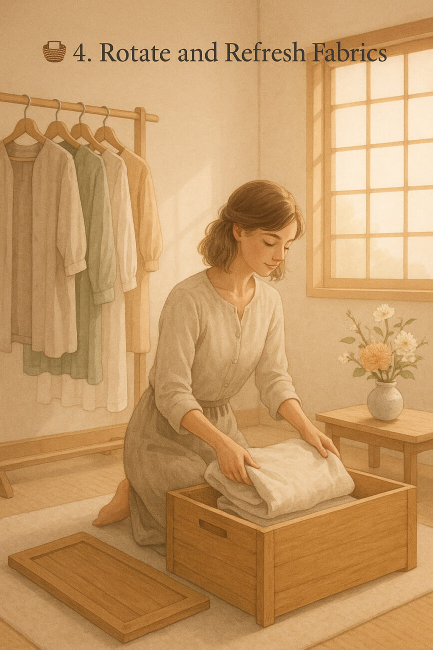 A woman kneels on the floor, folding linens into a wooden storage box. Shirts hang on a rack behind her and a vase of flowers sits on a table by the window. Text reads: "4. Rotate and Refresh Fabrics.