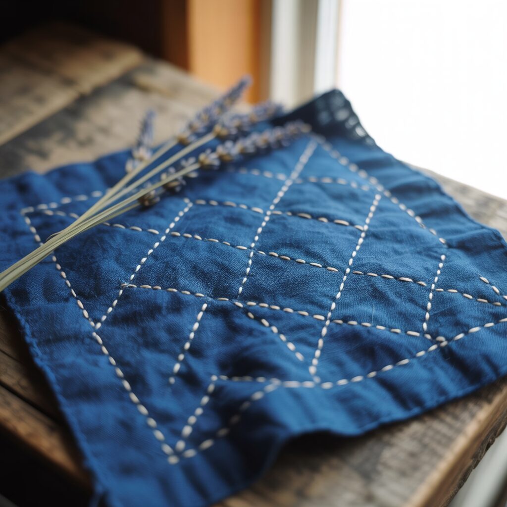 A blue cloth with white stitched lines in a geometric pattern lies on a wooden surface next to sprigs of lavender.