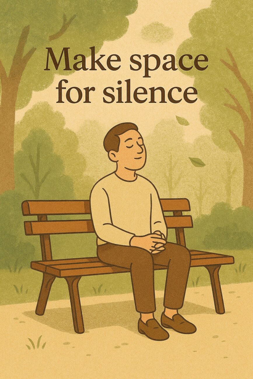 A person sits calmly on a park bench with eyes closed, surrounded by trees, beneath the text "Make space for silence.