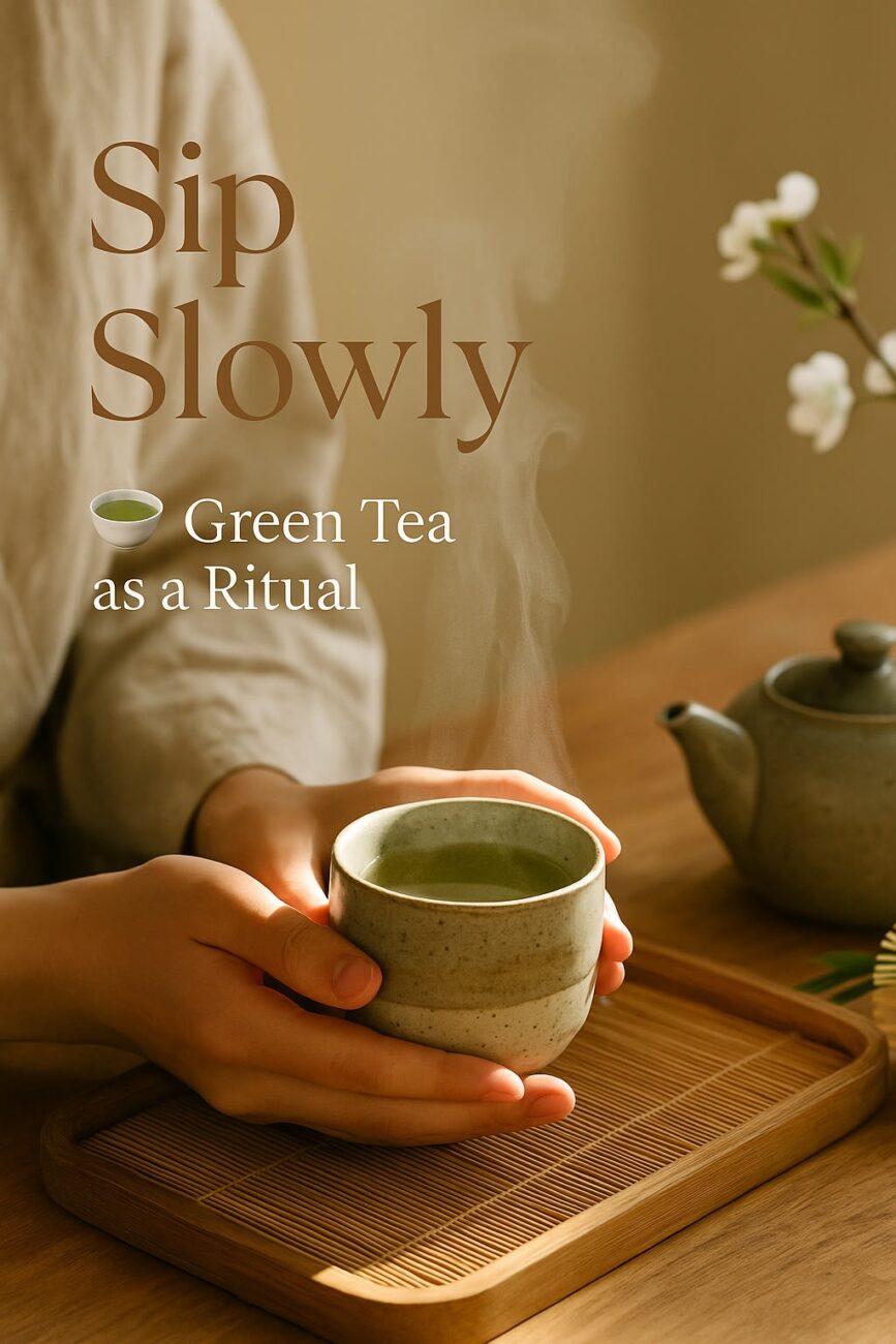 A person holds a steaming cup of green tea over a wooden tray, with a teapot and flowers nearby. Text reads, "Sip Slowly—Green Tea as a Ritual.