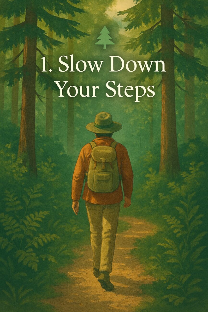 A person with a backpack walks slowly on a forest path, surrounded by tall trees, with the text "1. Slow Down Your Steps" above.