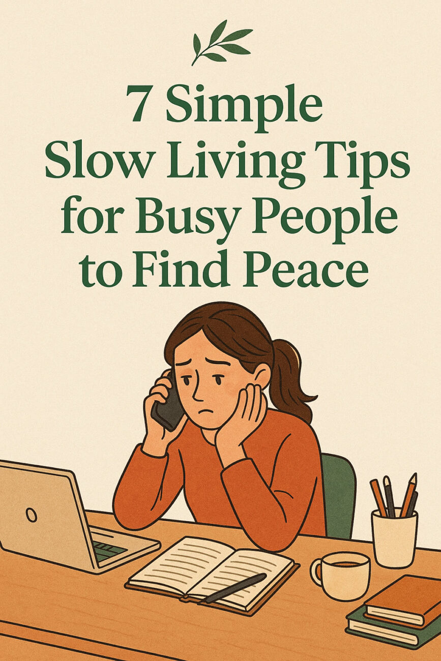 Illustration of a stressed woman at a desk with a laptop, notebook, and coffee, accompanied by the text: "7 Simple Slow Living Tips for Busy People to Find Peace.