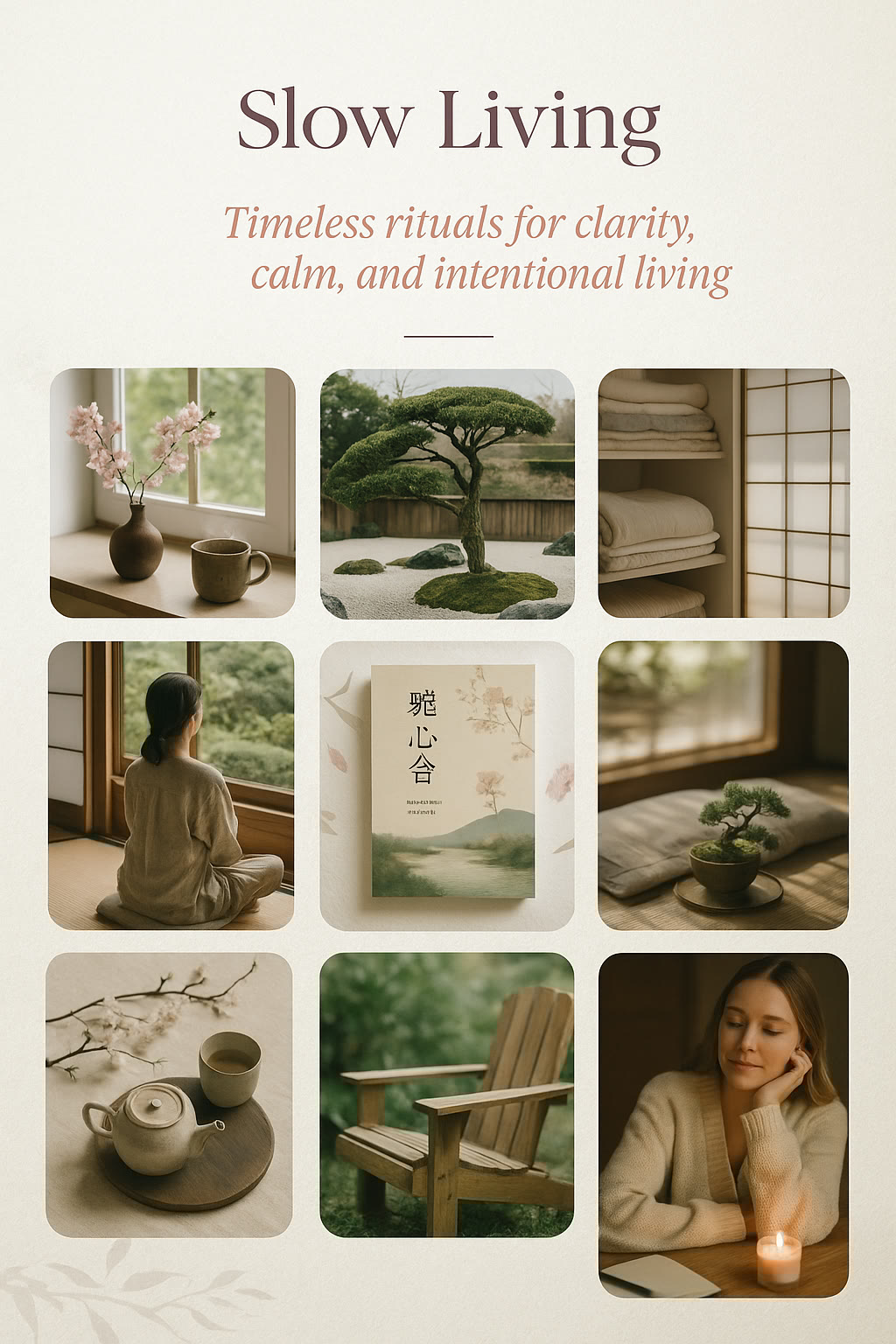 A collage of serene images depicting slow living, including tea, books, cozy interiors, plants, nature views, and a woman relaxing with a candle. Text reads: "Slow Living. Timeless rituals for clarity, calm, and intentional living.