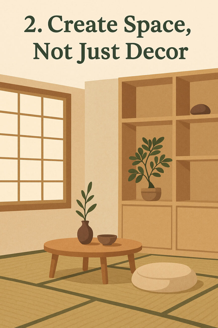 Minimalist room with tatami flooring, a low table with a plant and bowl, a cushion, built-in shelves, and a large window. Text reads: "2. Create Space, Not Just Decor.