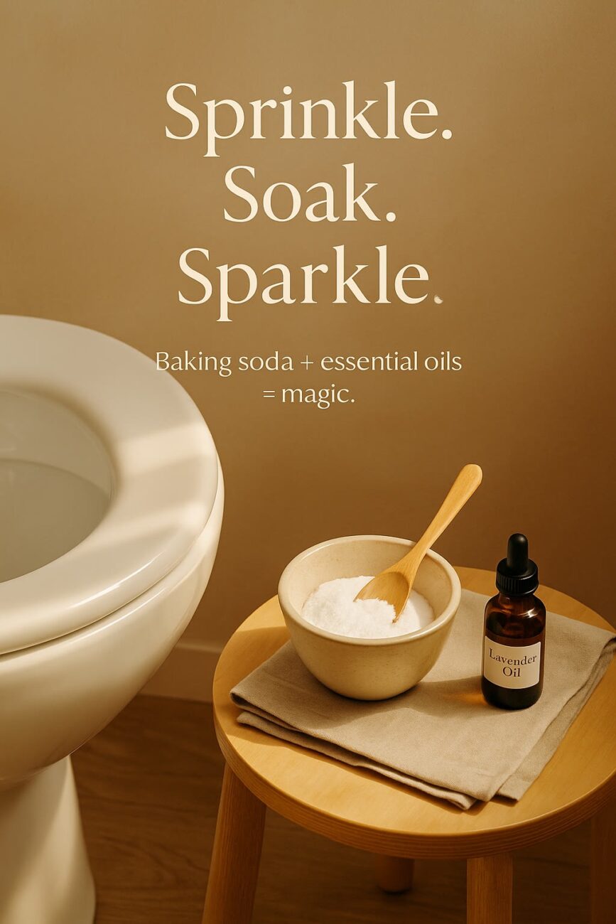 A bowl of baking soda with a wooden spoon and a bottle labeled "Lavender Oil" sit on a stool next to a toilet, with text promoting baking soda and essential oils for cleaning.