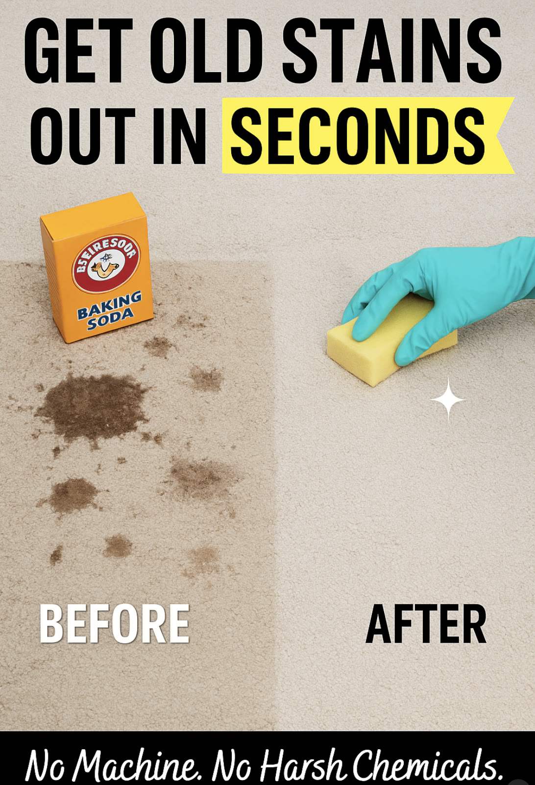 A stained carpet is cleaned with baking soda and a sponge, showing a dirty "before" area and a spotless "after" area, with text promoting fast, chemical-free stain removal.