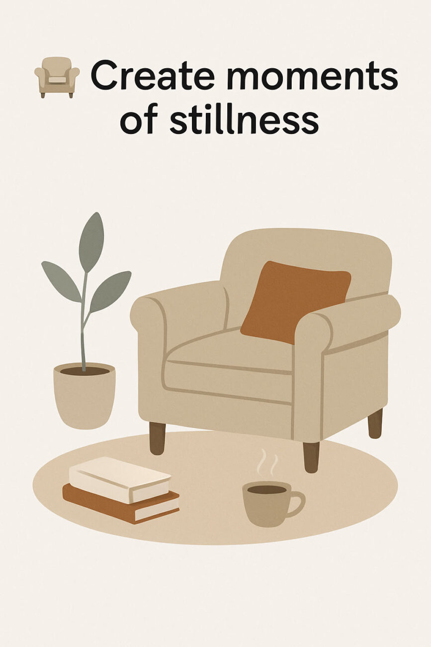 Illustration of an armchair with a pillow, a potted plant, books, and a cup of coffee, with the text "Create moments of stillness" above.