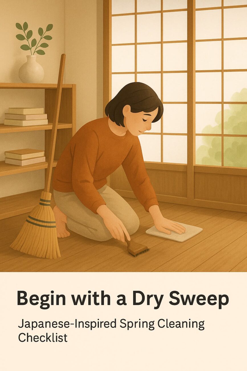 An illustration of a woman kneeling on a tatami floor, sweeping with a hand broom and dustpan next to a large window, with a regular broom nearby. Text reads "Begin with a Dry Sweep.