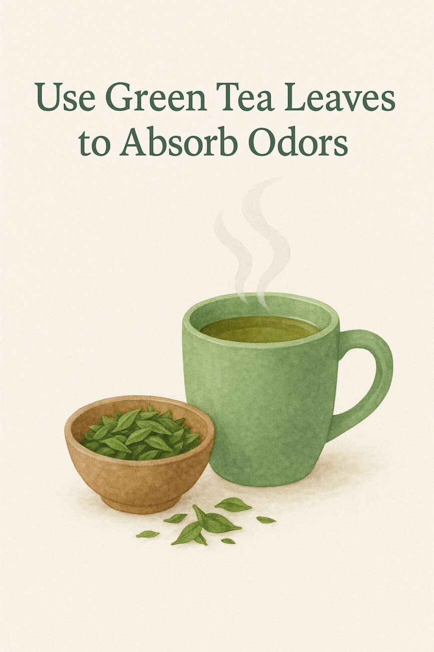 A green cup of tea and a small bowl of green tea leaves are shown with the text "Use Green Tea Leaves to Absorb Odors" above them.