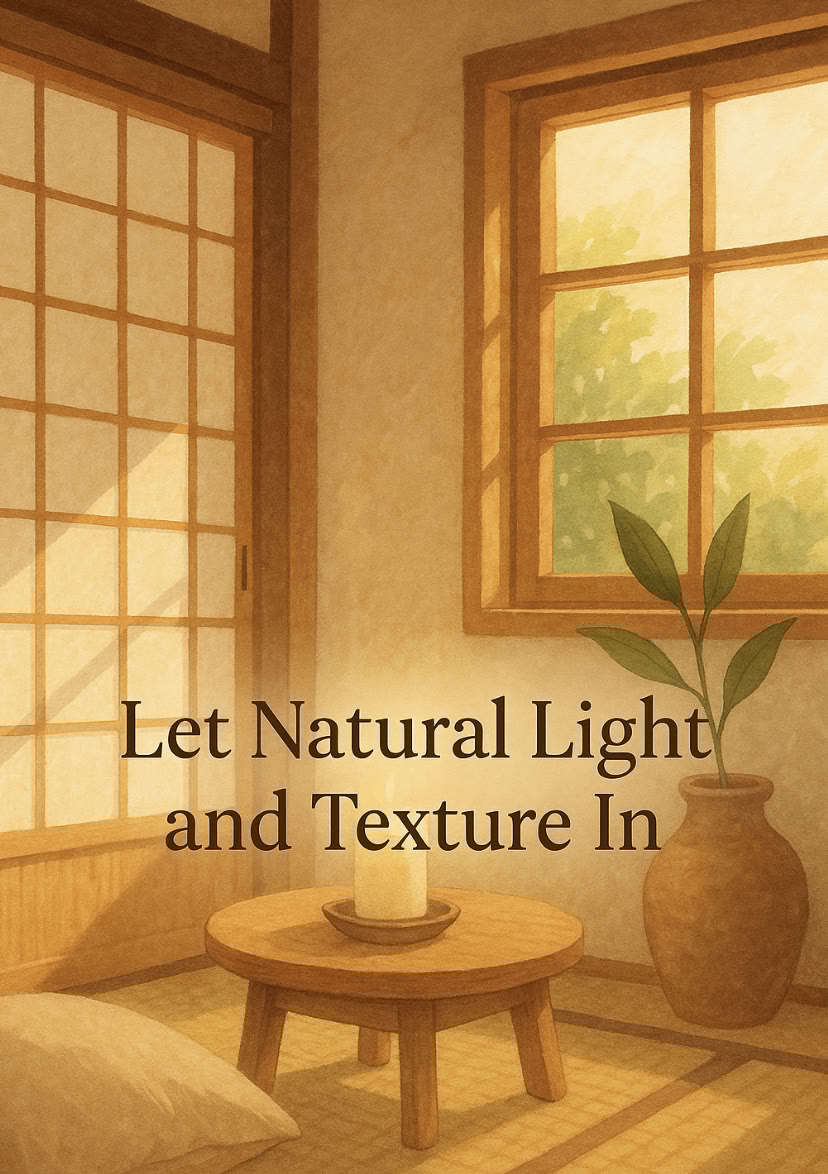 A sunlit room with wooden framed windows, a small wooden table, a potted plant, and text reading "Let Natural Light and Texture In.