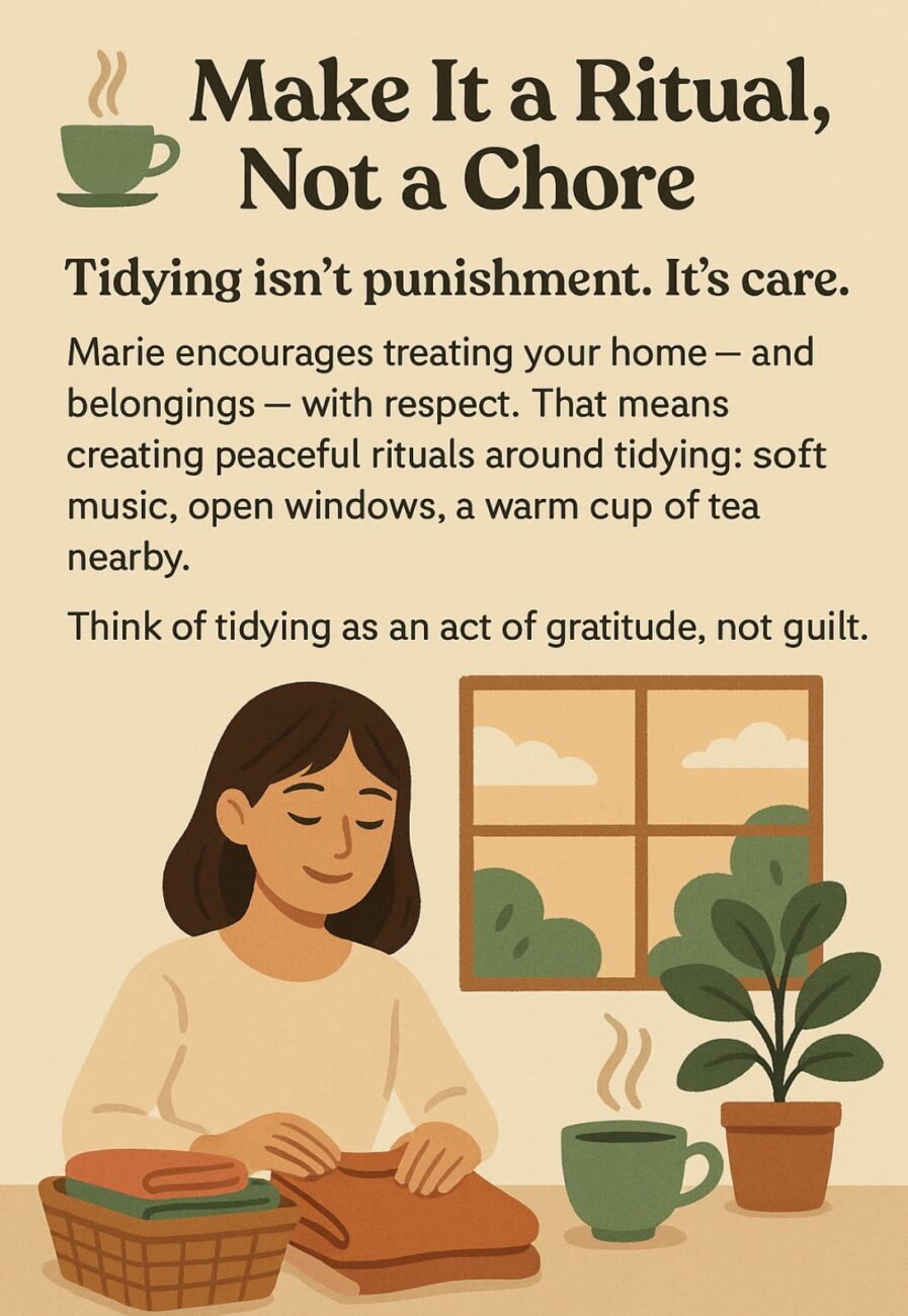Illustration of a woman folding laundry at a table with a cup of tea, a plant, and an open window, accompanied by text promoting tidying as a caring ritual, not a punishment.
