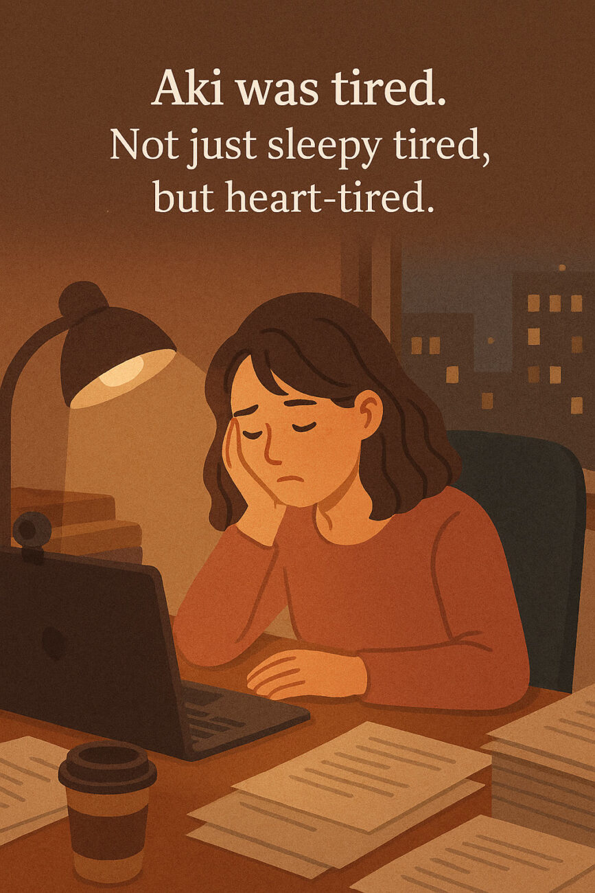 An illustration of a tired woman sitting at a desk with a laptop, papers, and a coffee cup, resting her head on her hand under a desk lamp. Text above reads, “Aki was tired. Not just sleepy tired, but heart-tired.”.