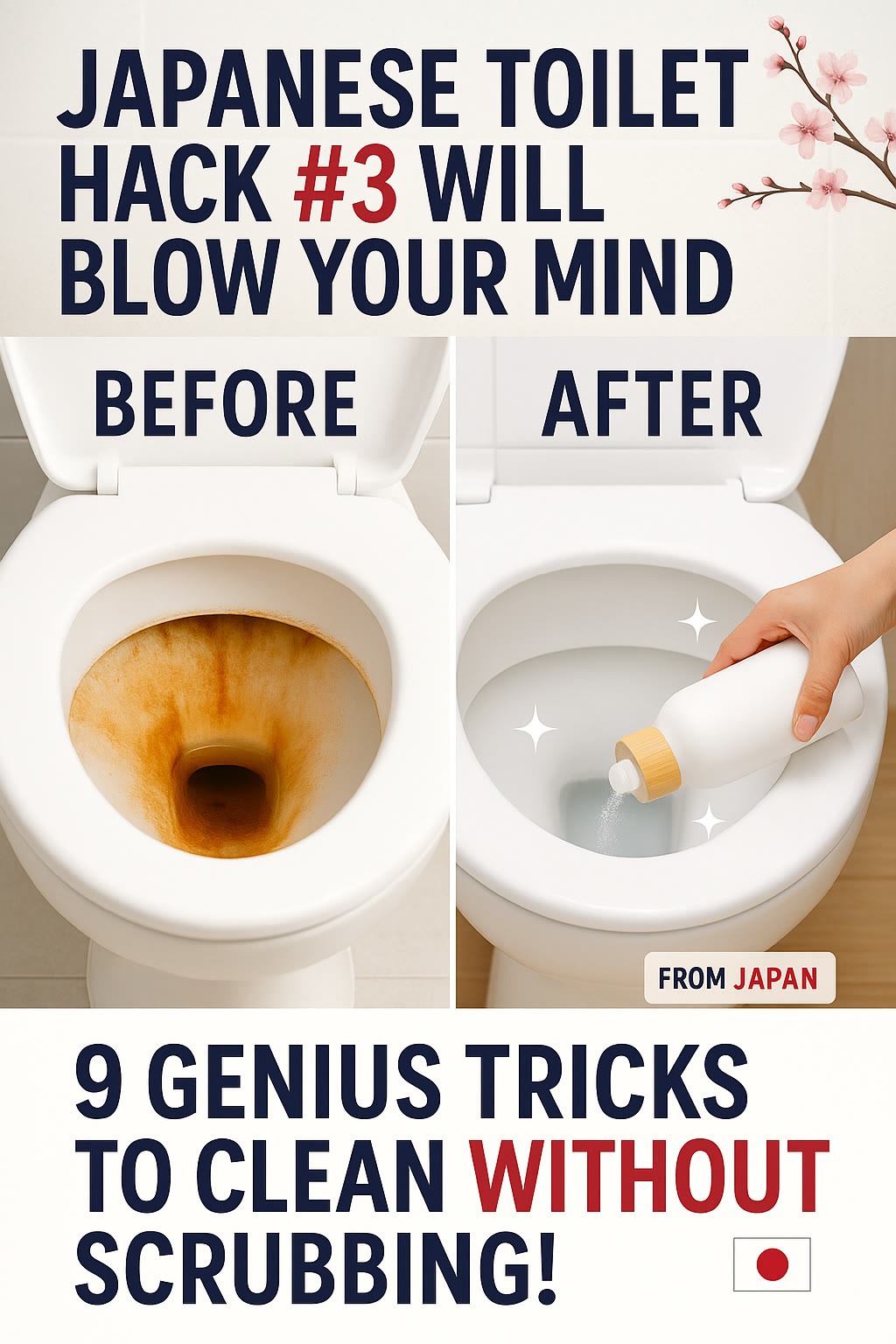 Side-by-side images of a toilet: the left side shows a stained bowl, the right side shows a clean bowl with a hand using a cleaning bottle. Text promotes cleaning tricks from Japan.