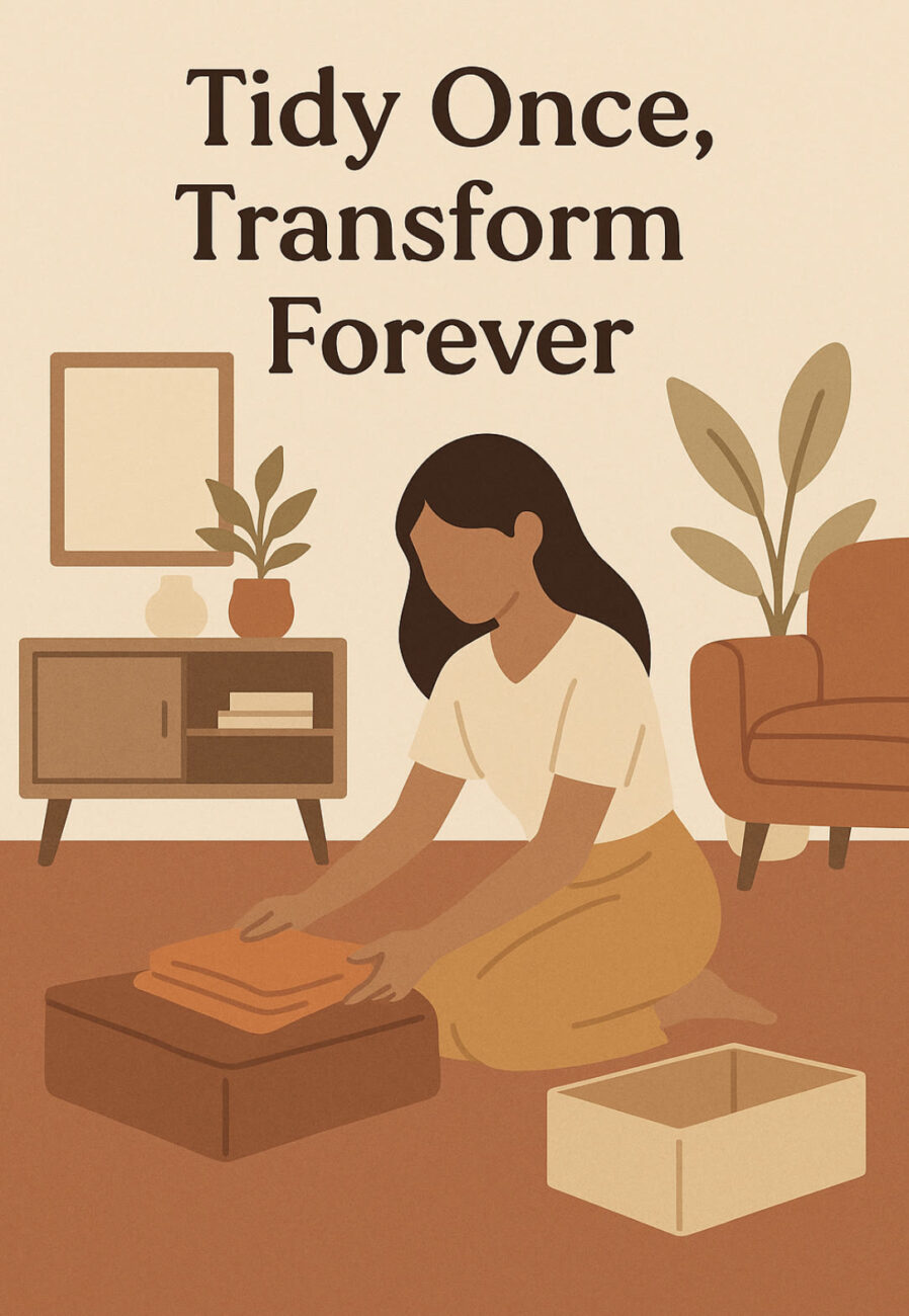 Illustration of a woman folding clothes on the floor with the text “Tidy Once, Transform Forever” above her; a living room setting with plants and furniture in the background.