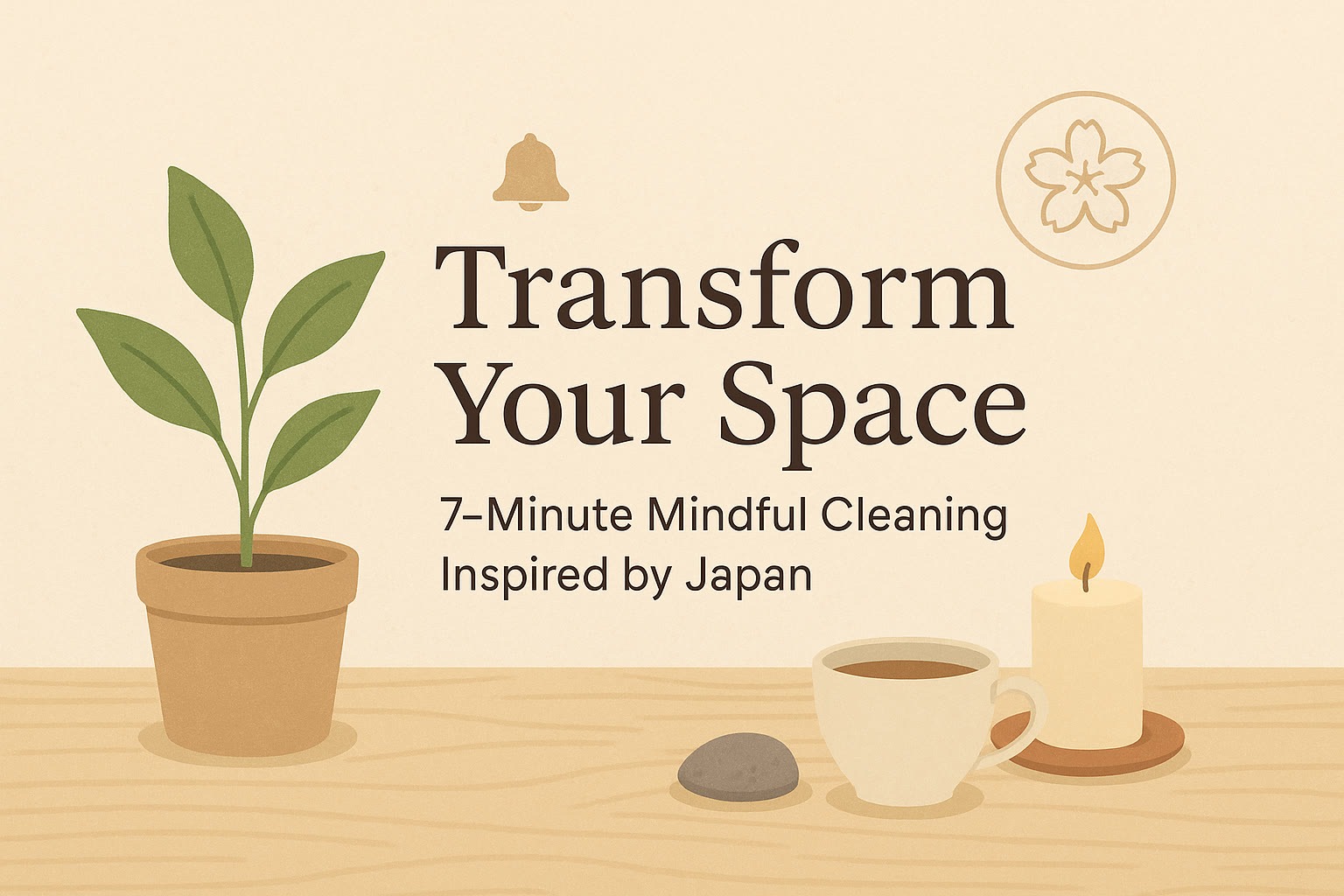 Tabletop with a potted plant, candle, cup, and stone, with text: "Transform Your Space—7-Minute Mindful Cleaning Inspired by Japan" on a beige background.