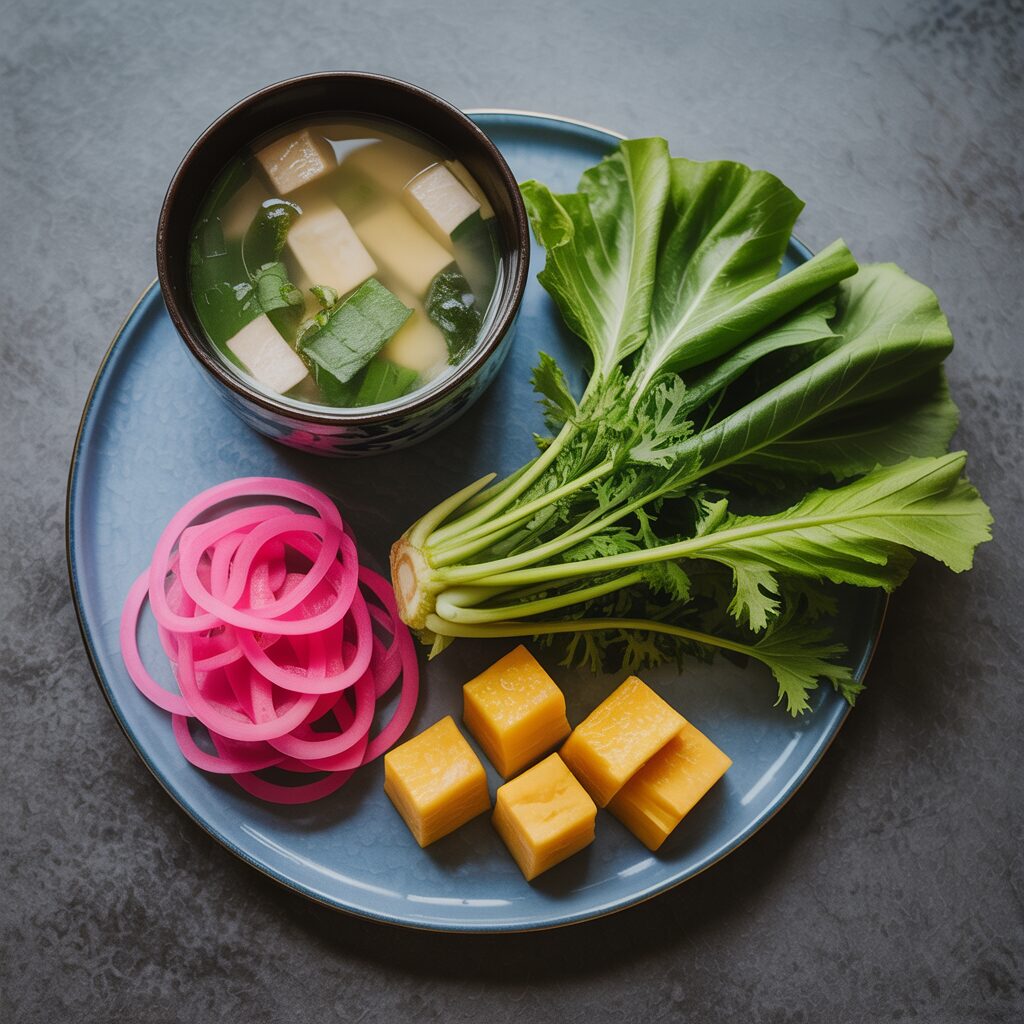A blue plate with a bowl of miso soup with tofu and greens, fresh leafy greens, pink pickled onions, and cubes of yellow cheese on a gray surface.