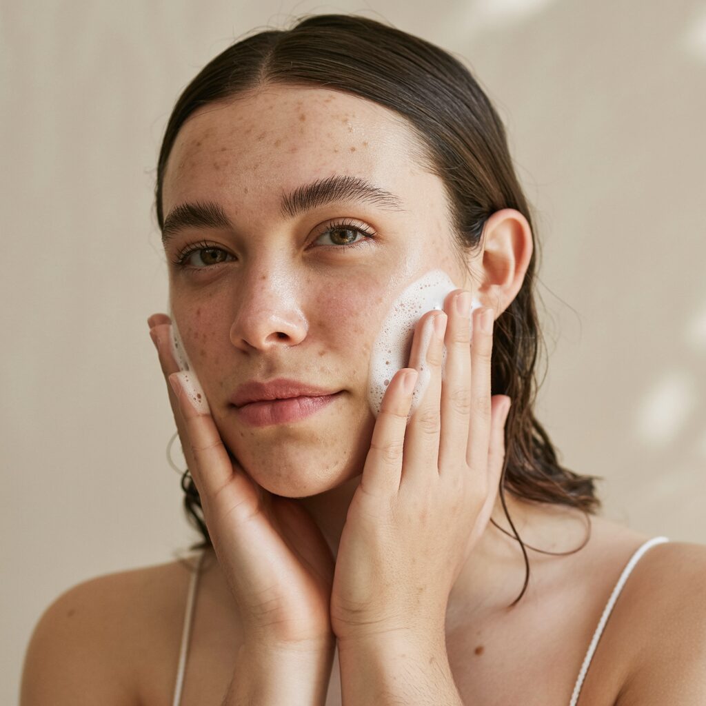 A woman with wet hair applies foaming cleanser to her cheek with her hands, looking at the camera, against a neutral background.