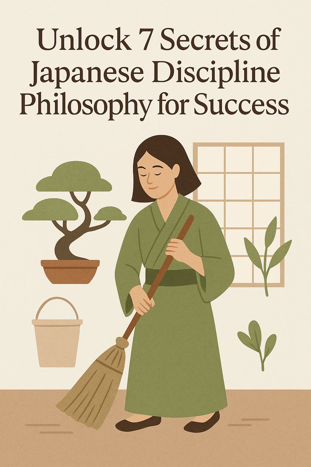 Illustration of a woman in a green kimono sweeping indoors, with plants and a window, under the text "Unlock 7 Secrets of Japanese Discipline Philosophy for Success.