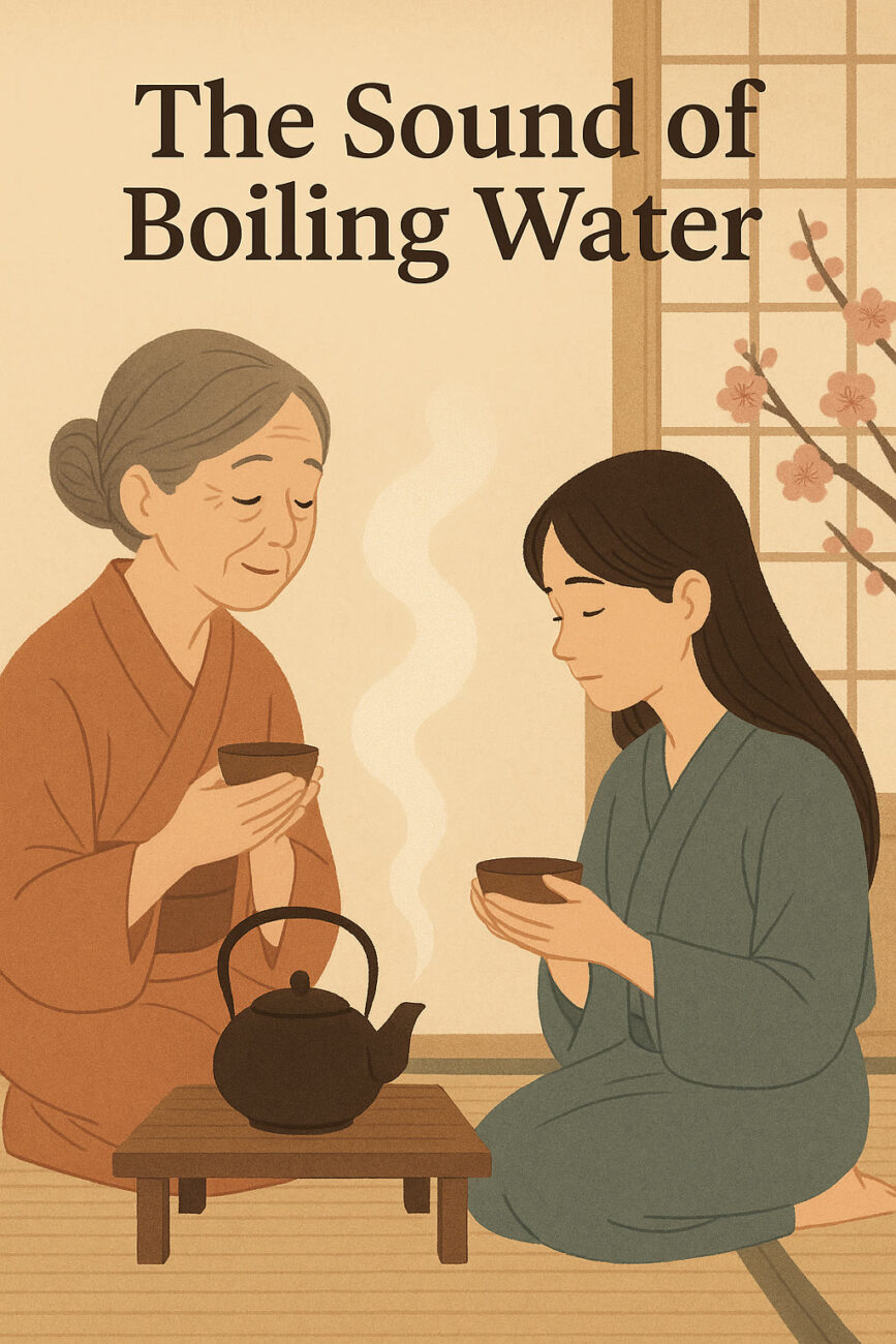 An elderly woman and a young woman sit together in traditional attire, drinking tea beside a steaming teapot on a wooden table. Text reads: "The Sound of Boiling Water.