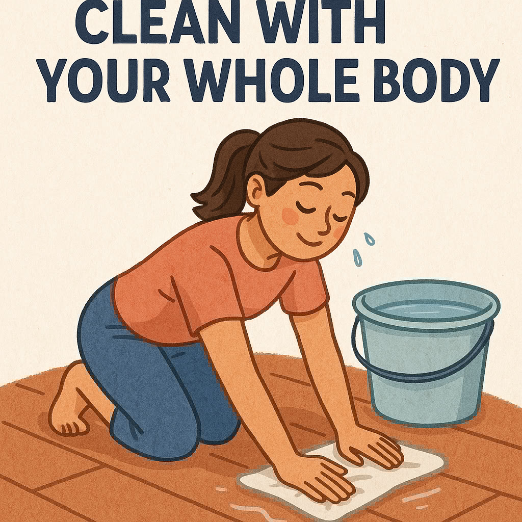 A woman kneels on the floor, scrubbing with a cloth while a bucket of water sits nearby. Text above her reads, "Clean with your whole body.