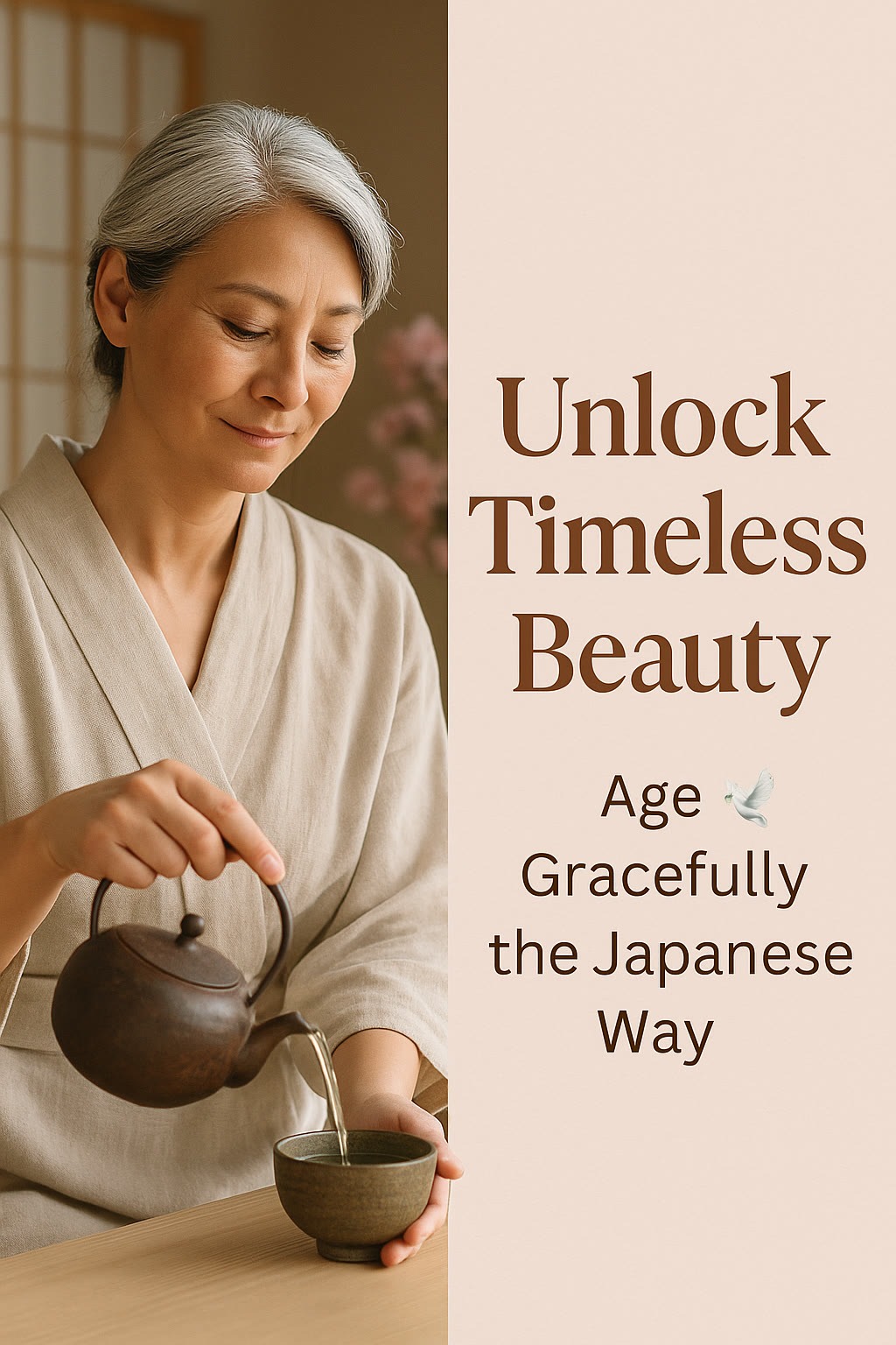An older woman in a beige robe pours tea from a teapot into a cup beside text that reads, “Unlock Timeless Beauty. Age Gracefully the Japanese Way.”.
