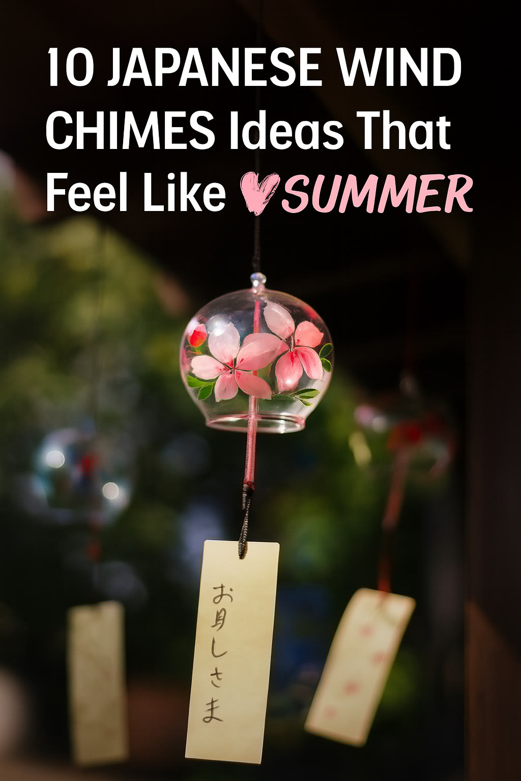 A glass Japanese wind chime with pink flowers and a hanging paper tag, with more chimes blurred in the background and text overlay about summer wind chime ideas.