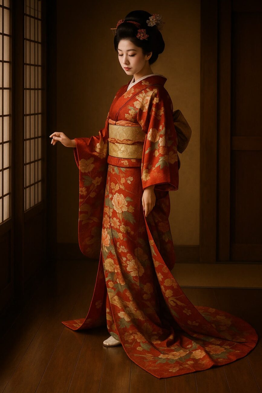 A woman wearing a traditional red kimono with gold floral patterns stands indoors on a wooden floor, next to shoji screens, in soft lighting.