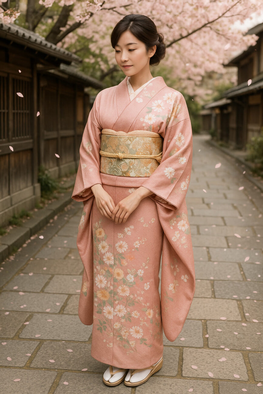 A woman wearing a pink floral kimono stands on a stone path lined with traditional buildings and cherry blossom trees, with petals falling around her.