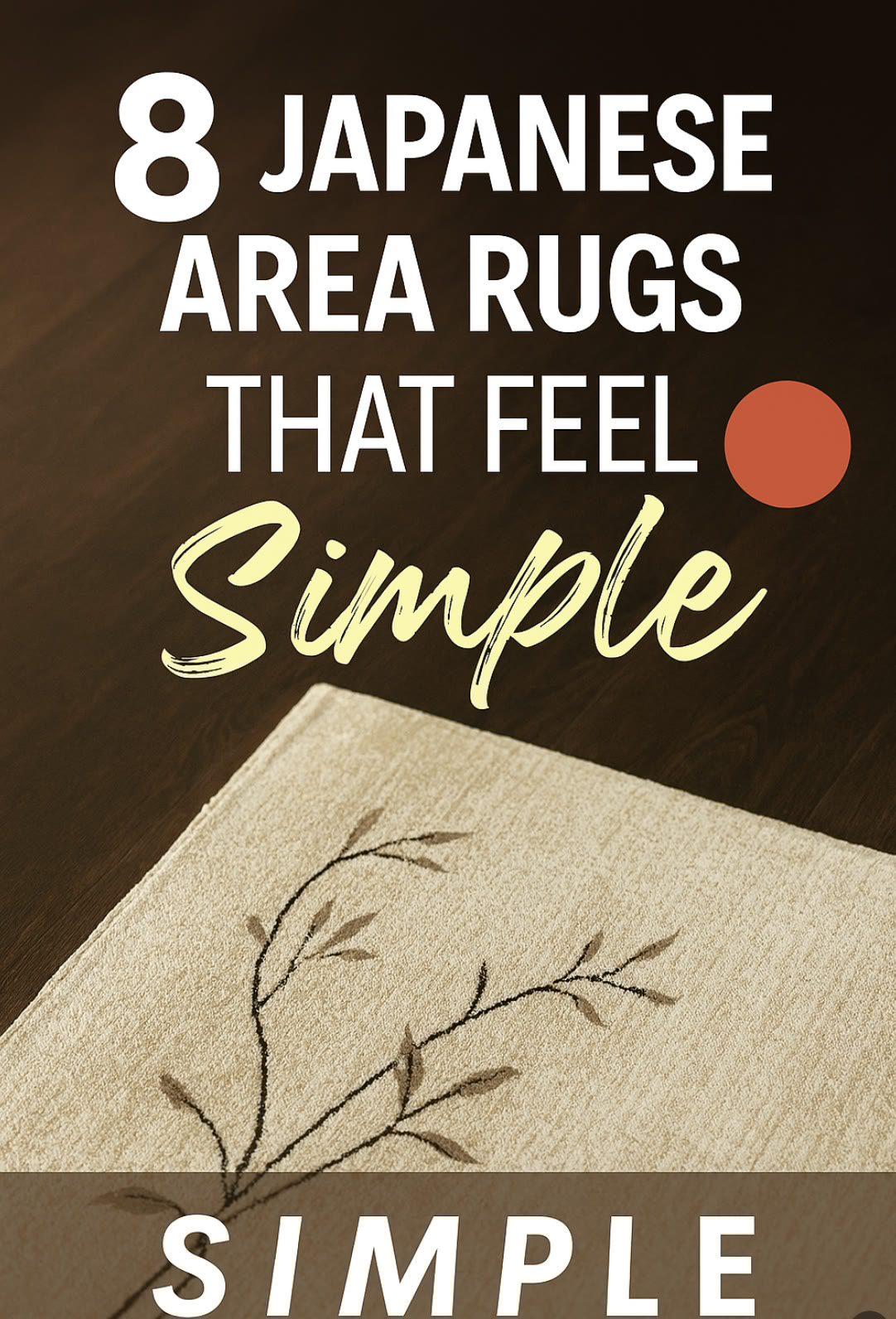 A beige area rug with a simple branch design lies on a dark wood floor. Overlaid text reads: "8 Japanese Area Rugs That Feel Simple.