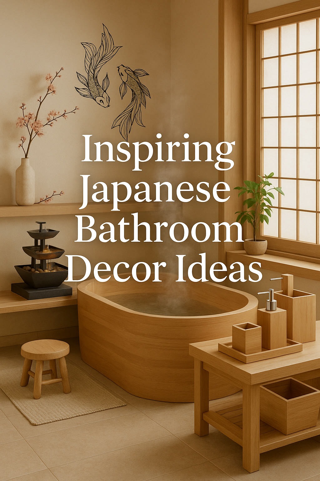 Minimalist Japanese-style bathroom with wooden bathtub, modern fixtures, indoor plant, wall art of koi fish, and neutral-toned decor. Text: "Inspiring Japanese Bathroom Decor Ideas.