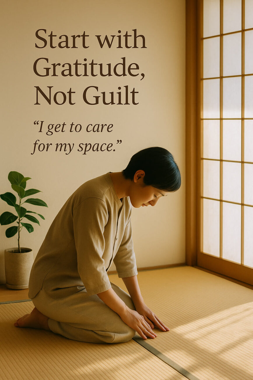 A person kneels on a tatami mat in a serene room with a potted plant, next to a wall that reads, "Start with Gratitude, Not Guilt. 'I get to care for my space.'.