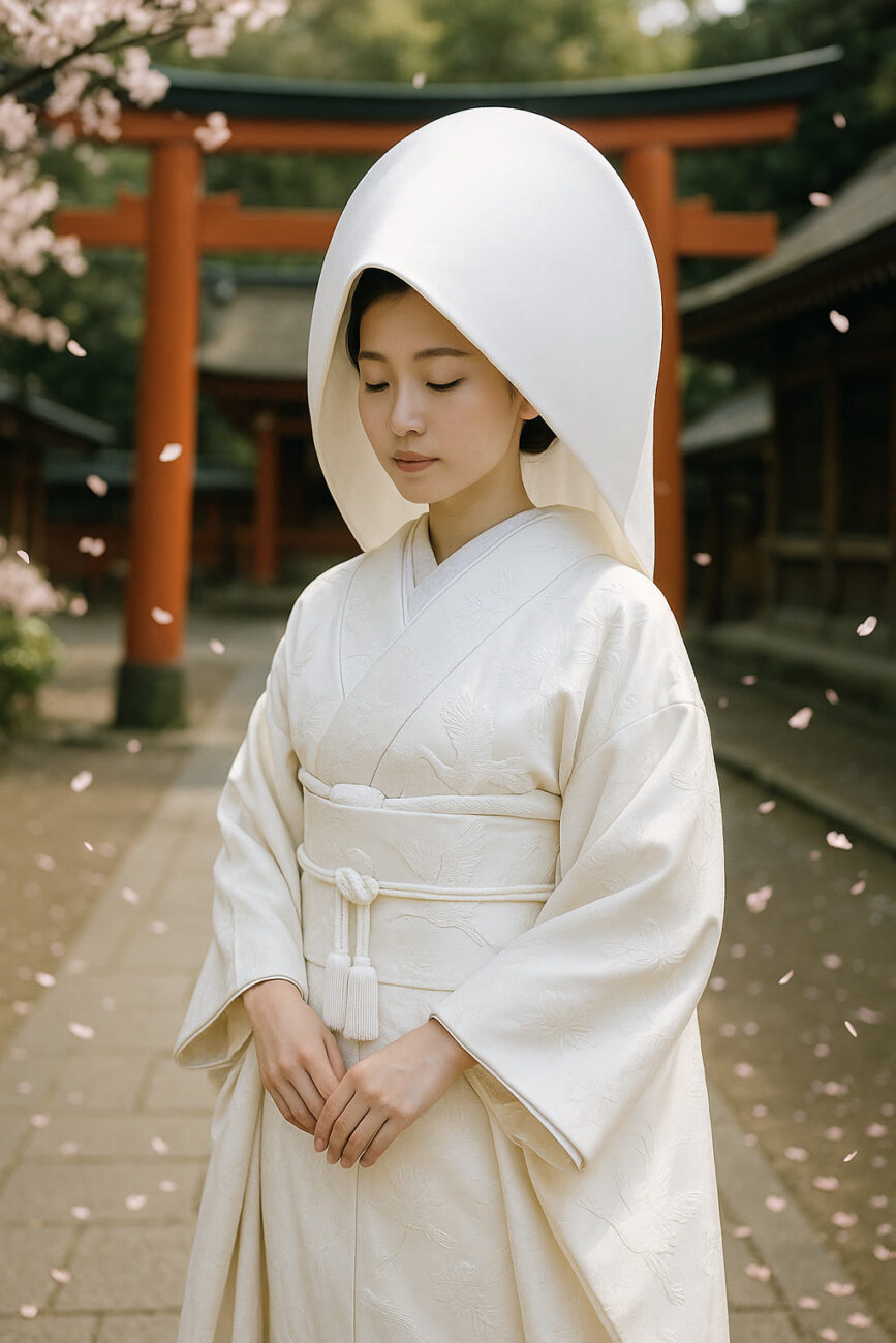 A woman wearing a traditional white Japanese wedding kimono and headpiece stands outdoors among falling cherry blossom petals.
