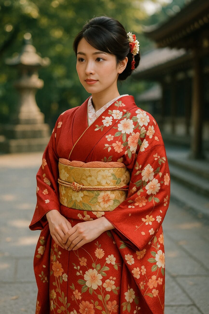A woman wearing a red floral kimono stands outdoors near traditional Japanese architecture and greenery.