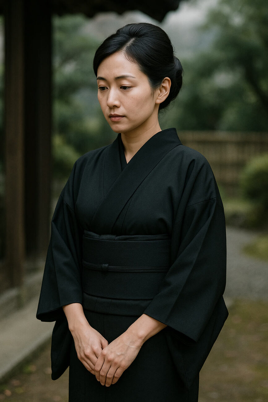 A woman in a black kimono stands outdoors with her hands clasped, looking down with a neutral expression.