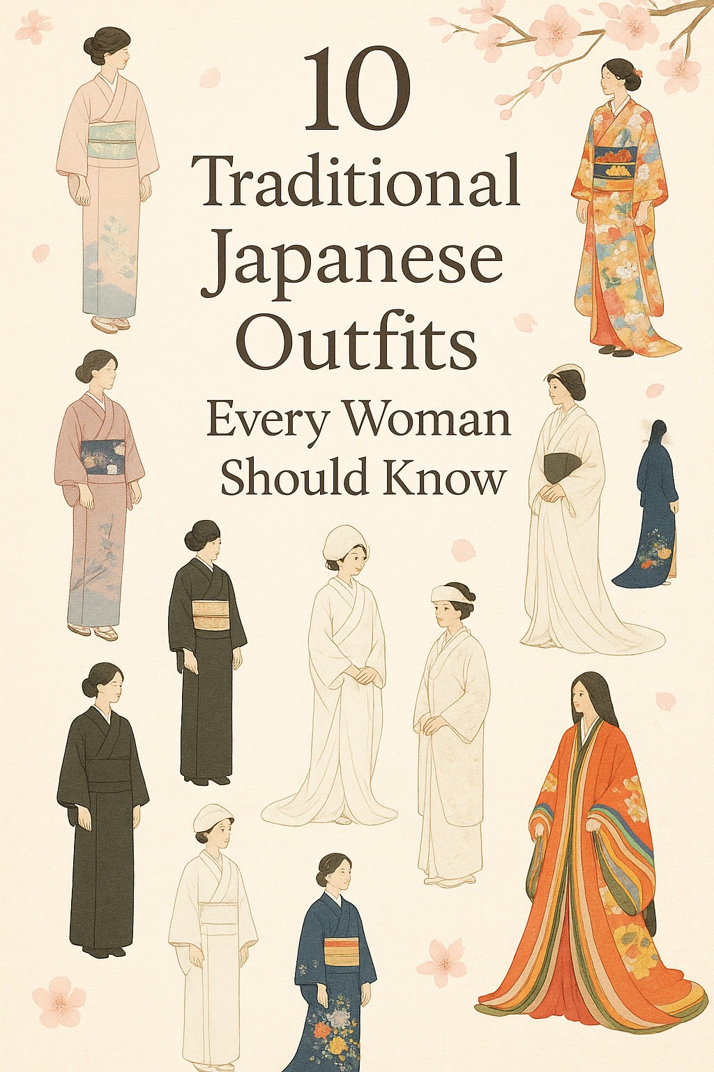 Illustration of ten women wearing different traditional Japanese outfits with the title "10 Traditional Japanese Outfits Every Woman Should Know" in the center.