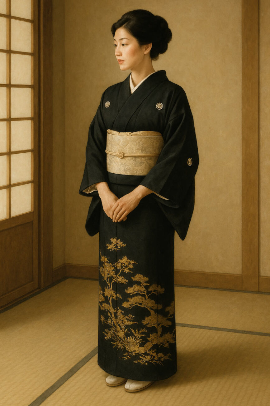 A woman in a black kimono with gold floral designs stands in a traditional Japanese tatami room, hands folded in front of her, looking to the side.