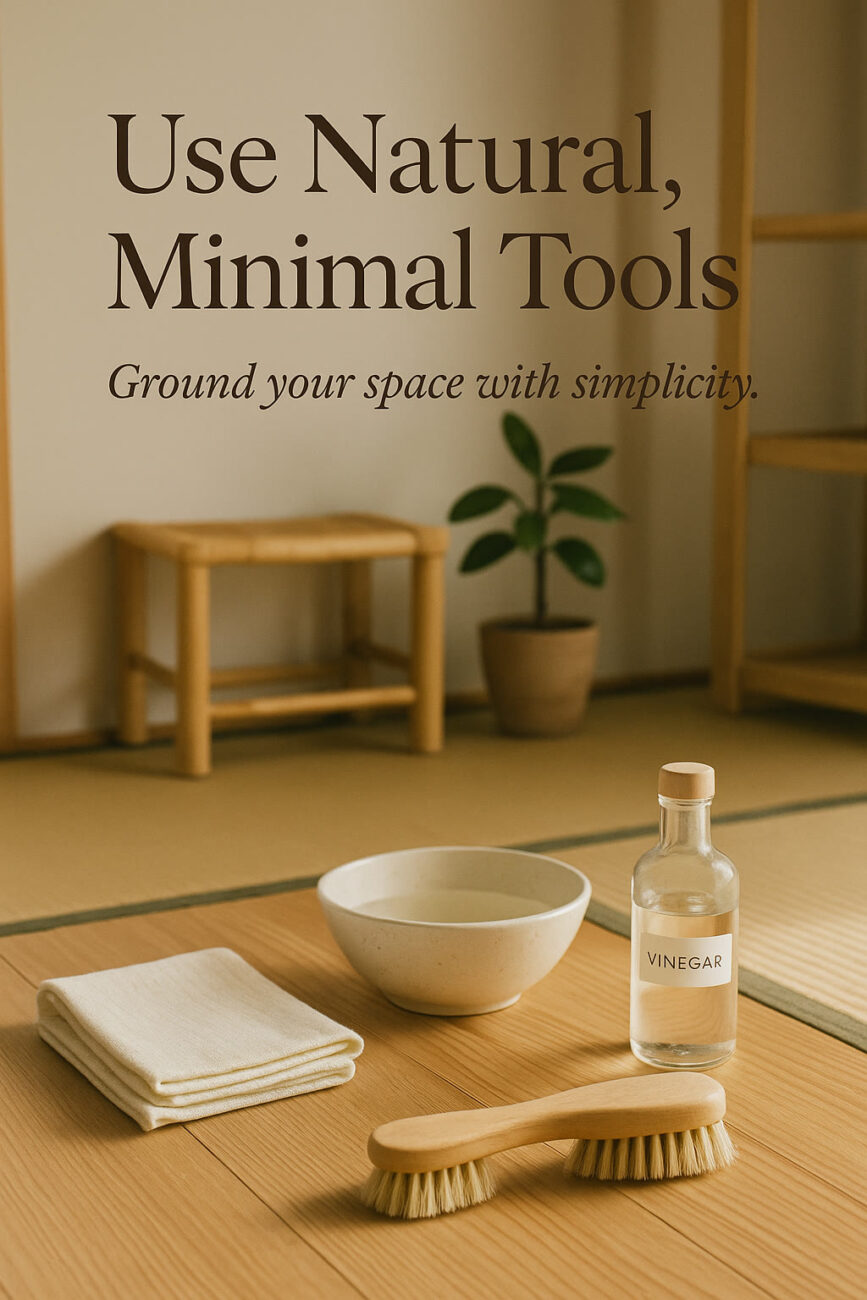 A bowl, folded cloth, brush, and bottle labeled vinegar are arranged on a low wooden table in a minimal, light-filled room with a plant and simple wooden furniture.