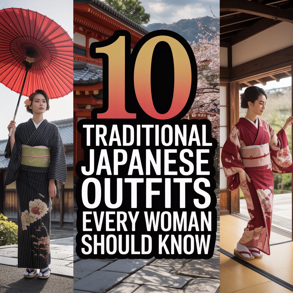 Three women wearing traditional Japanese outfits, including kimono and obi, with text reading "10 Traditional Japanese Outfits Every Woman Should Know" in bold letters.