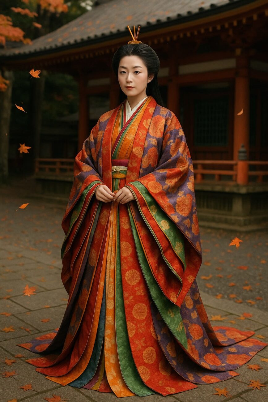 A woman in a multi-layered traditional Japanese kimono stands outdoors near a wooden building, surrounded by autumn leaves.