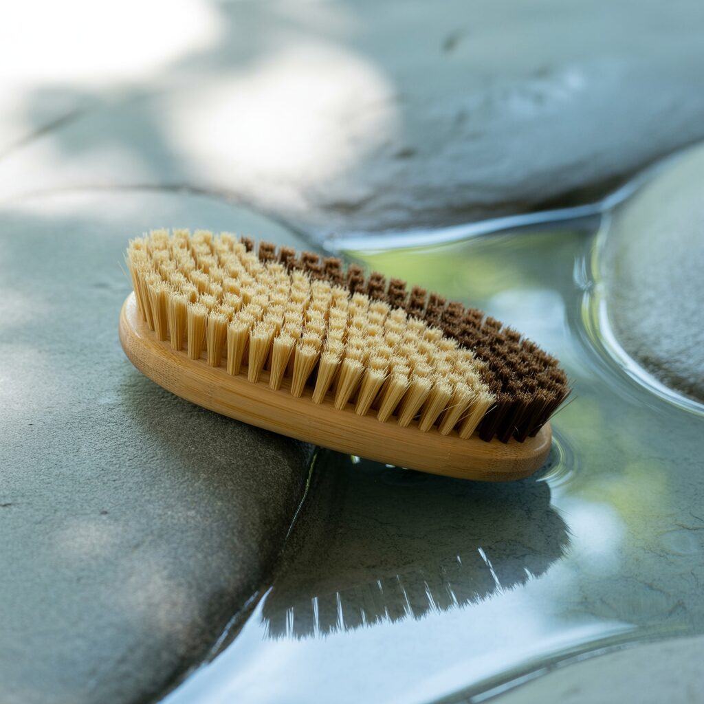 A wooden brush with light and dark bristles sits on a wet stone surface with water around it.