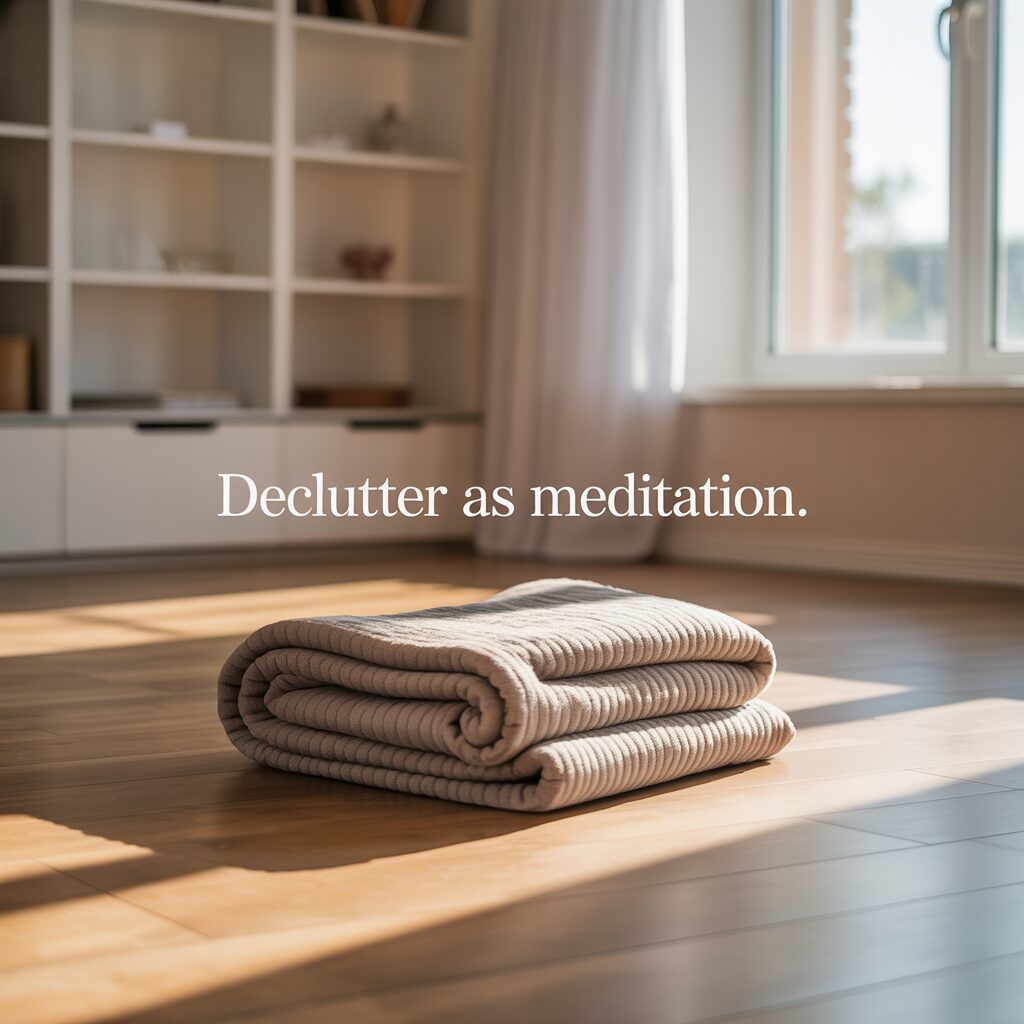 A neatly folded blanket sits on a sunlit wooden floor in a minimalist room with shelves, accompanied by the text "Declutter as meditation.