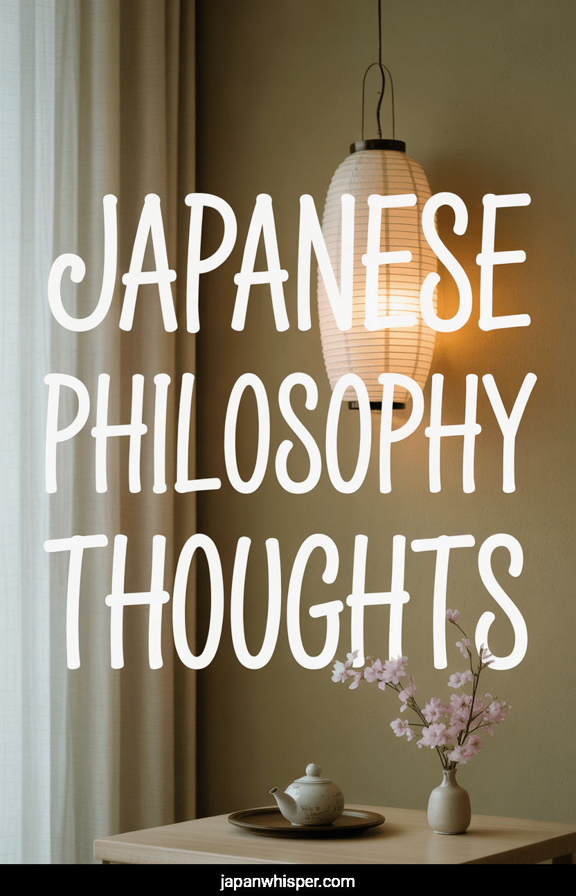 A paper lantern, a small vase with cherry blossoms, and a teacup on a table, with the text "JAPANESE PHILOSOPHY THOUGHTS" overlaid.