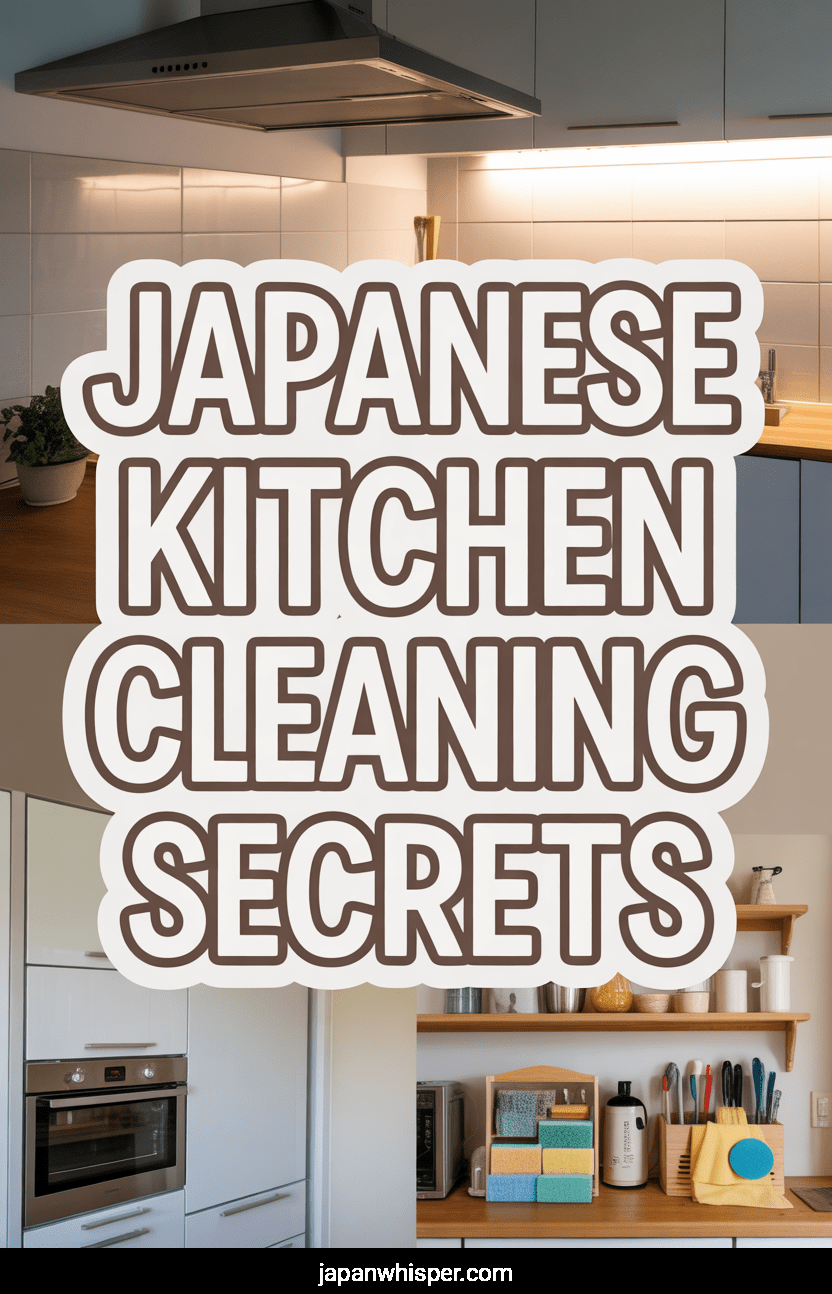 Modern kitchen with clean countertops, organized shelves, and bold text overlay reading "Japanese Kitchen Cleaning Secrets.