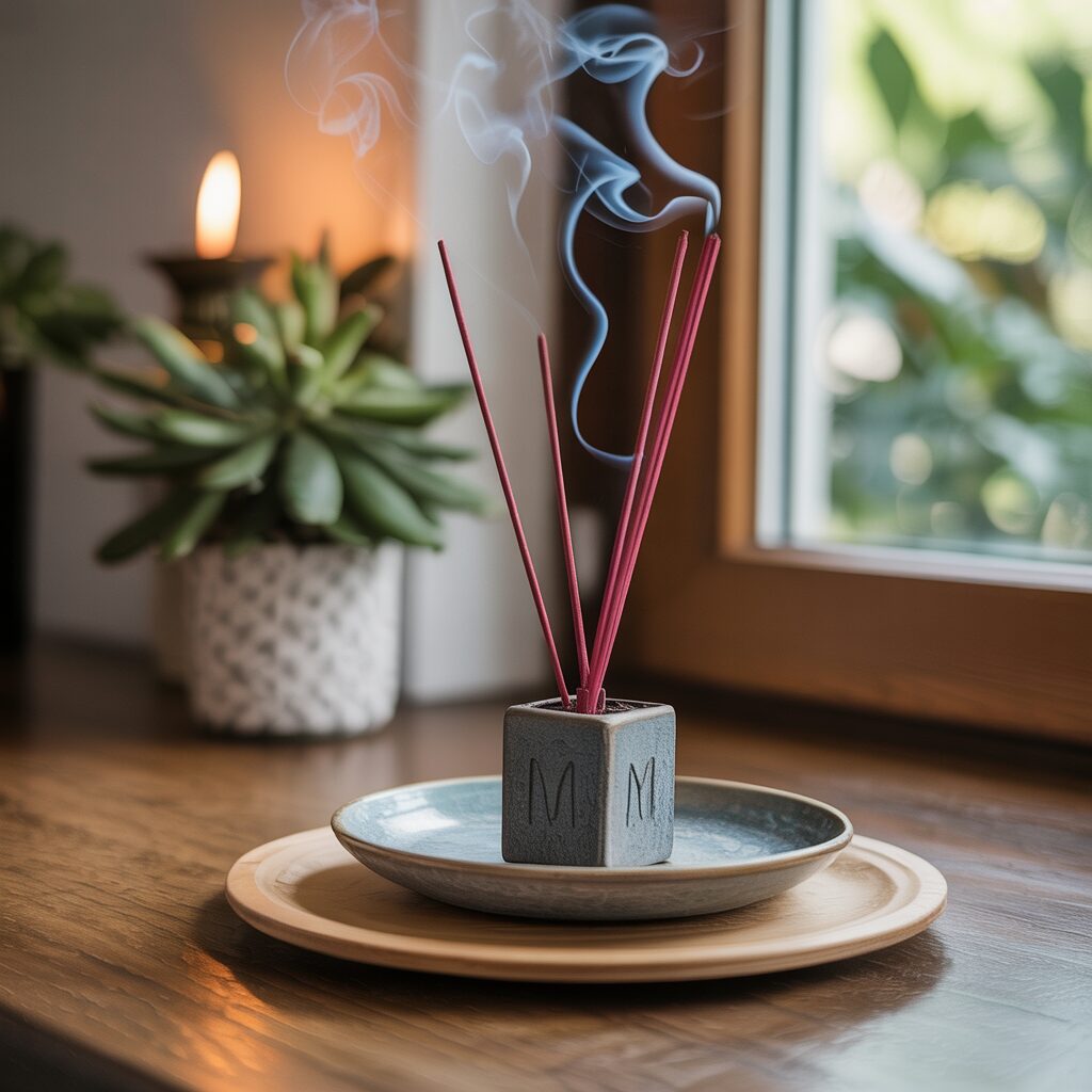 Three red incense sticks emit smoke from a gray holder on a plate, with a burning candle and a potted succulent in the background near a window.