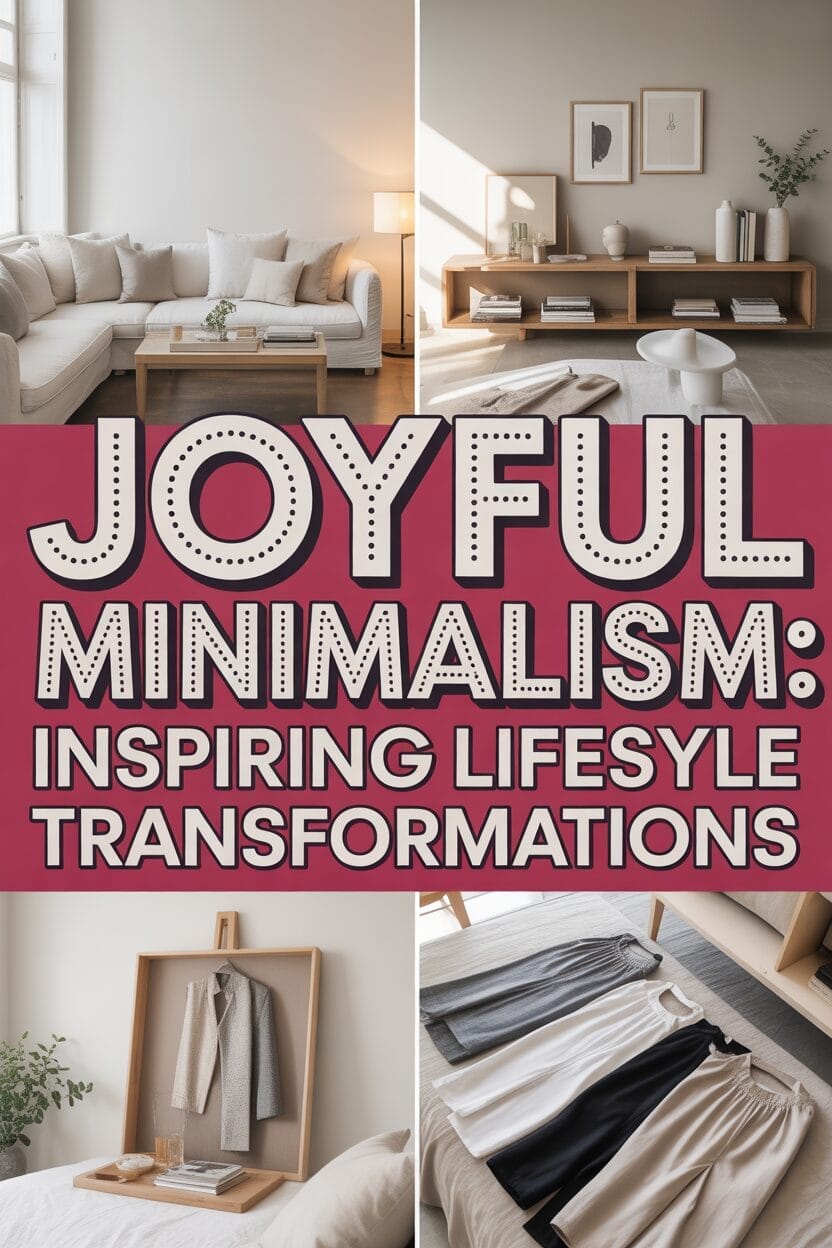 Collage of minimalist living spaces with neutral decor, simple furniture, and organized clothing, featuring the text: "Joyful Minimalism: Inspiring Lifestyle Transformations.